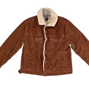 Gap Jacket Boys L Brown Corduroy Collared Sherpa Lined Front Button Excellent Co